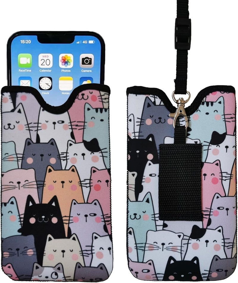 Tainada Neoprene Shockproof Phone Sleeve Pouch Carrying Case for Women with Neck Lanyard, Belt Loop Holster for iPhone 17/16/15 Pro Max, 16/15/14 Plus; Samsung S25, S24, A56. A55 (Doodle Cats Style 2) - Image 1